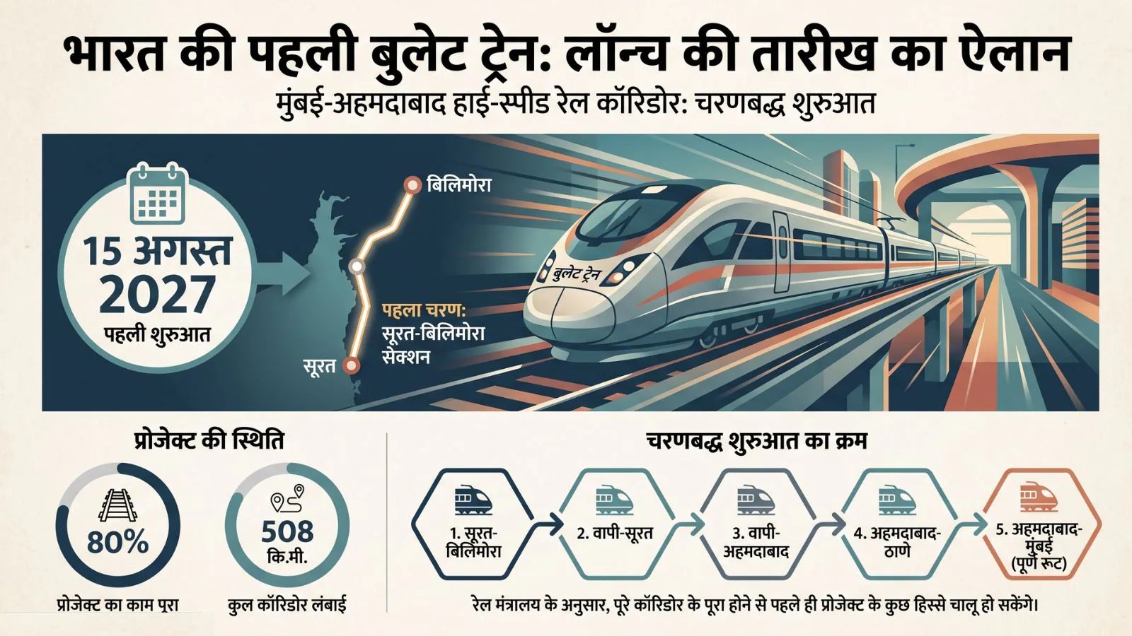 15 अगस्त से चलेगी पहली बुलेट ट्रेन, रेल मंत्री ने दे दी गुड न्यूज, अगले साल कहां से कहां तक दौड़ेगी? | India First Bullet Train to Launch on 15 August 2027 Mumbai-Ahmedabad Corridor Work 80% Complete
