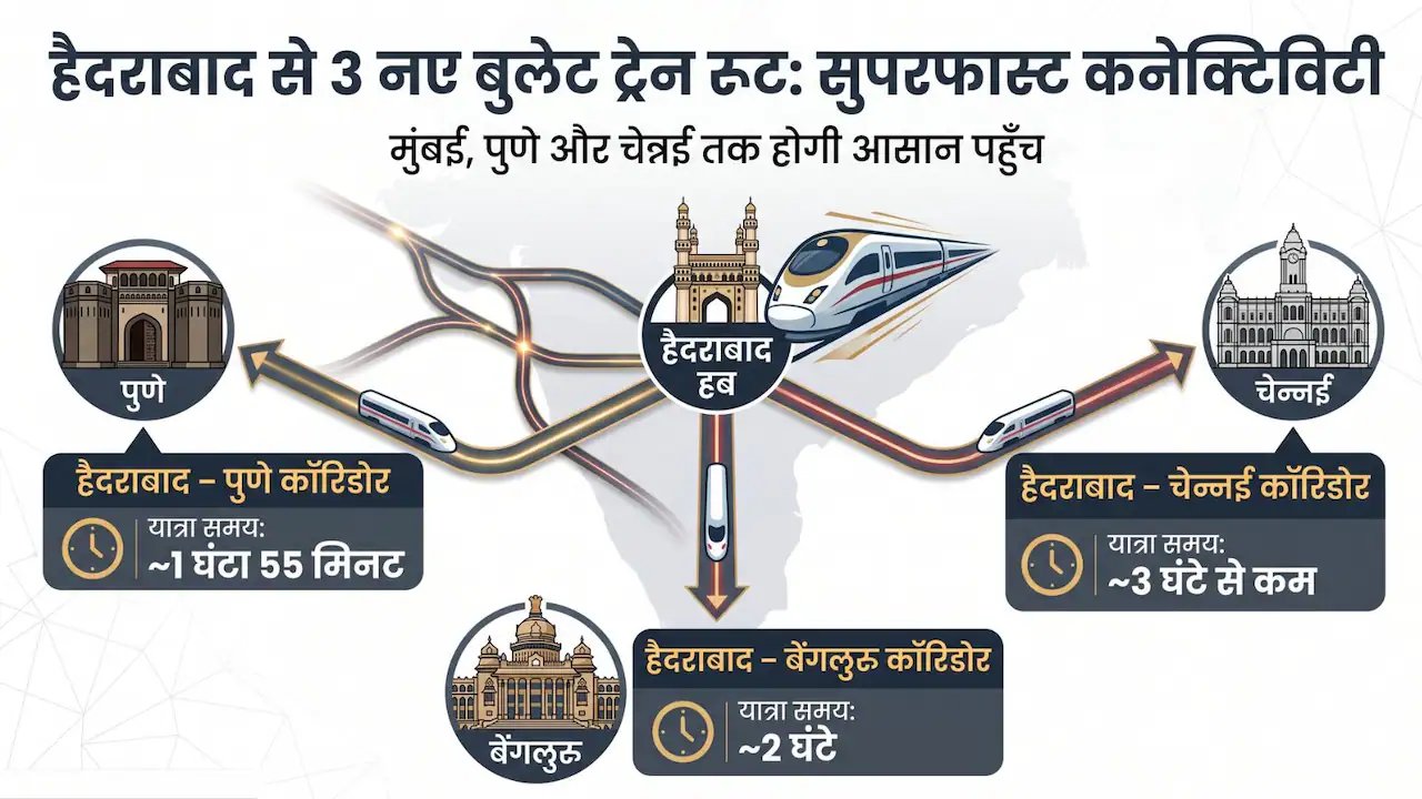 हैदराबाद से तीन-तीन रूट पर दौड़ेगी बुलेट ट्रेन, मुंबई-पुणे से लेकर चेन्नई-बेंगलुरु तक सुपरफास्ट कनेक्टिविटी | Hyderabad to Become Bullet Train Hub With High-Speed Rail Links to Mumbai,Pune, Bengaluru and Chennai