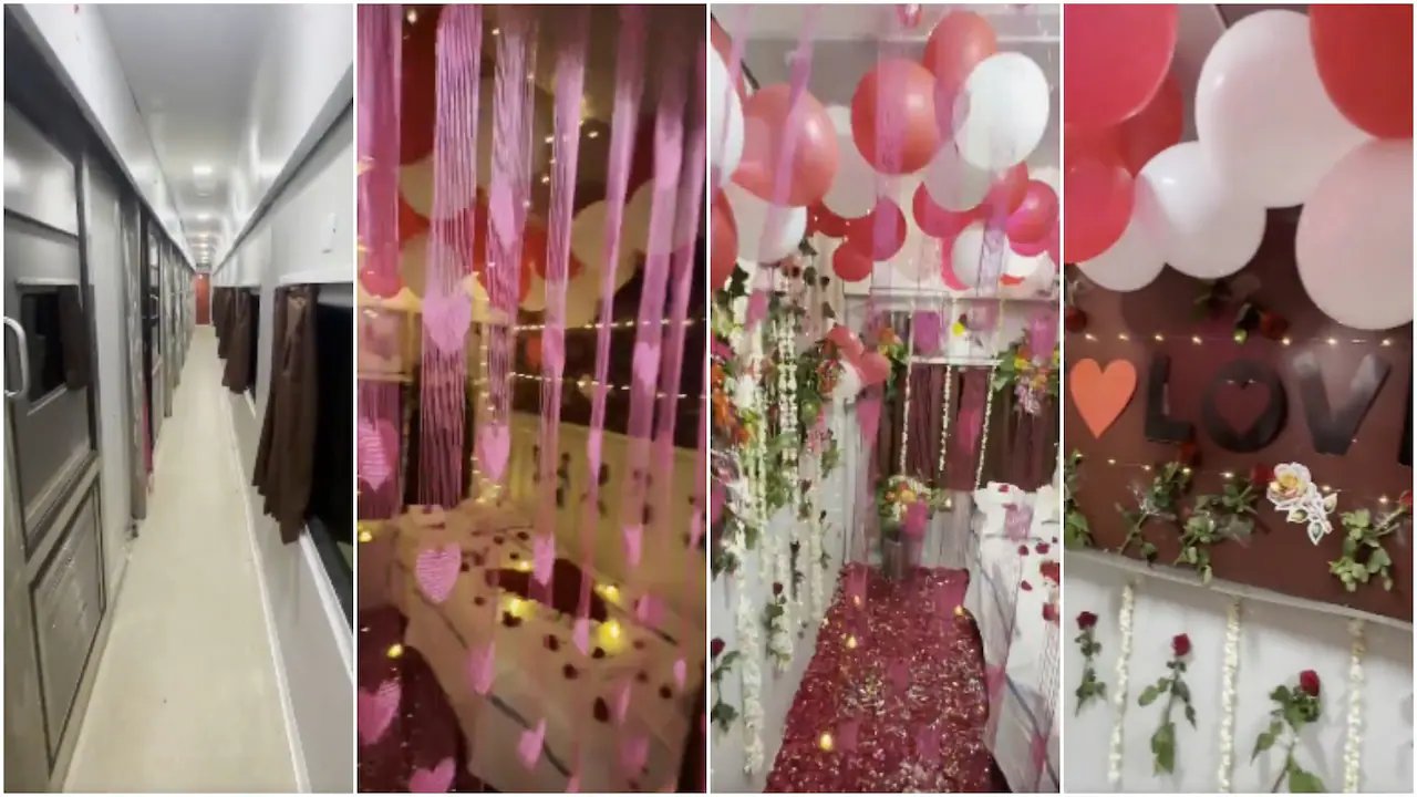 ट्रेन के First AC कोच को बना दिया ‘हनीमून सुइट’! गुलाब, गुब्बारे और I Love You… वीडियो देख रेलवे ने दिया जवाब | Indian Railways First AC Coach Decorated Like Honeymoon Suite Viral Video IRCTC Response