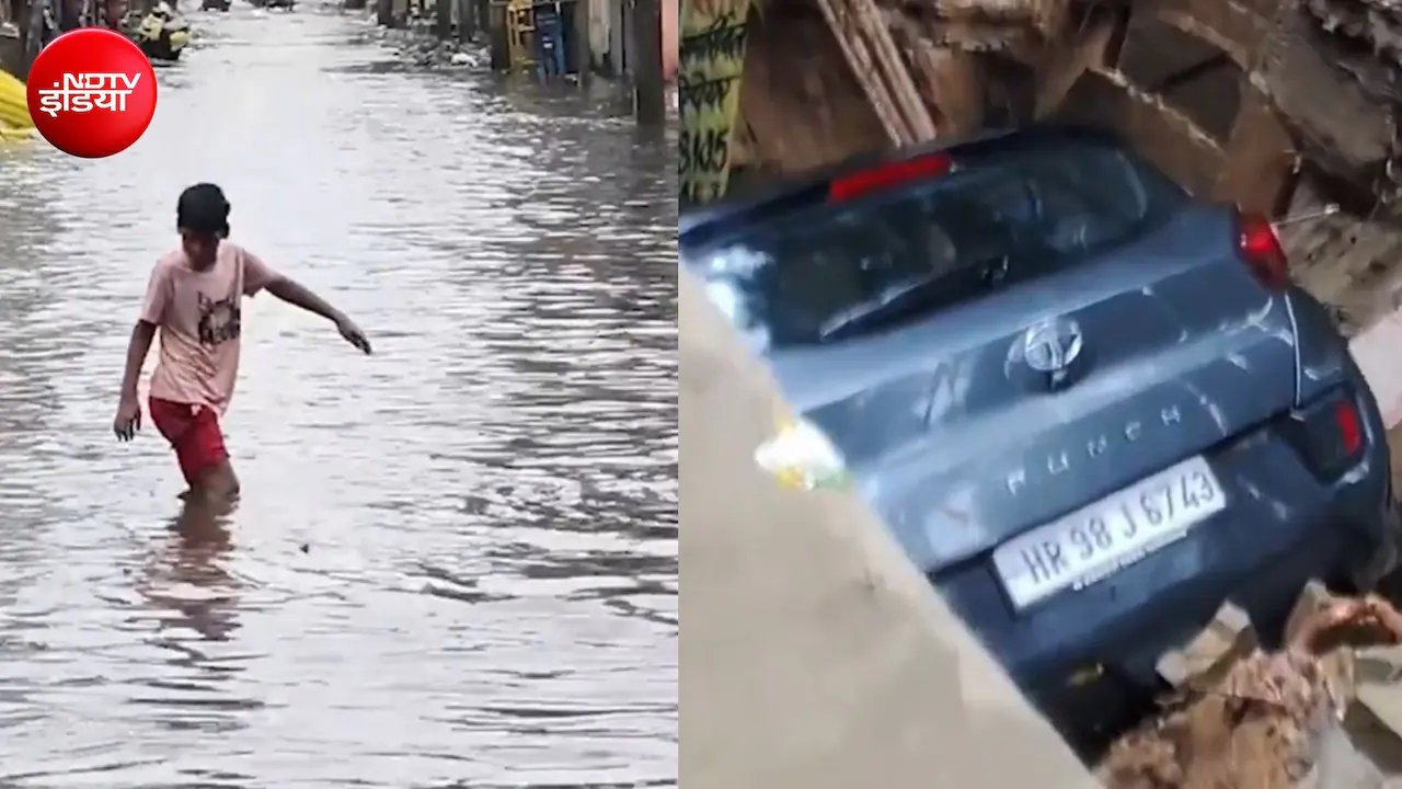 गाजियाबाद में गड्ढे में समा गई कार, फिल्म सिटी से NH9 तक हाईवे पर सैलाब, द‍िल्‍ली-NCR में मॉनसून बारिश का कहर | delhi ncr rain waterlogging traffic jam car and scooter fell into a ditch in Ghaziabad